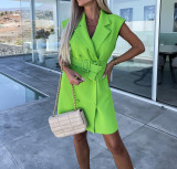 Suit collar sleeveless double breasted dress with waistband included