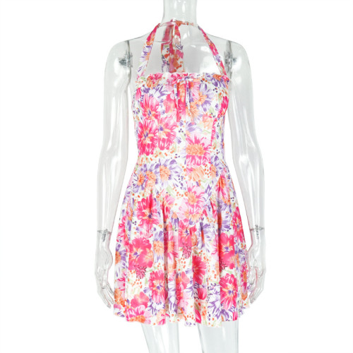 Printed and painted backless A-line skirt with hanging neck and one collar short skirt