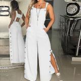 Sleeveless side pocket wide leg side button jumpsuit