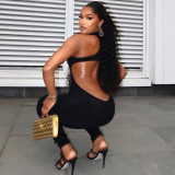 Hollow out tight fitting jumpsuit with exposed back and low waist, long jumpsuit