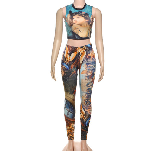 Sleeveless crop top abstract printed tight pants set