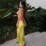 Colorful floral print hanging neck, swinging collar, hip hugging long skirt