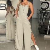 Sleeveless side pocket wide leg side button jumpsuit