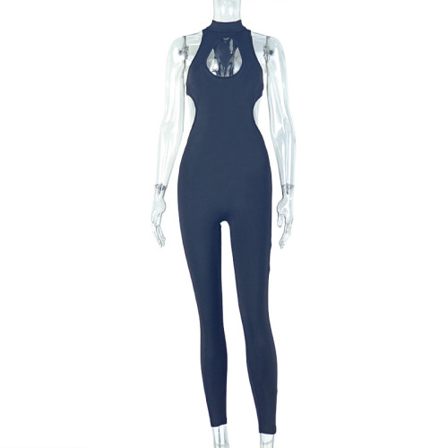 Hollow out tight fitting jumpsuit with exposed back and low waist, long jumpsuit