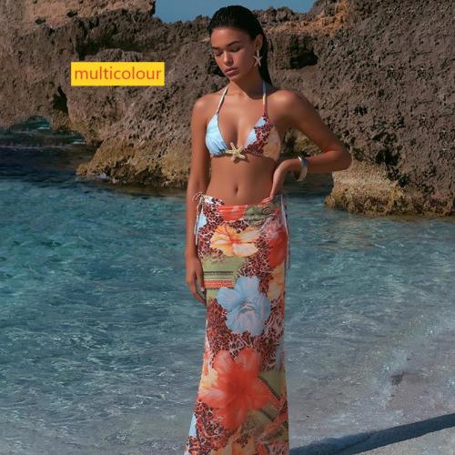 Bare navel lace up printed bikini three piece set