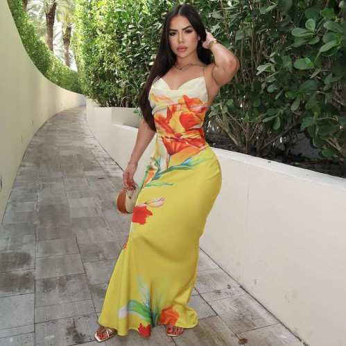 Colorful floral print hanging neck, swinging collar, hip hugging long skirt