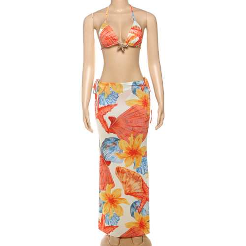 Bare navel lace up printed bikini three piece set