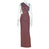 Open back slit irregular skirt, high neck long dress