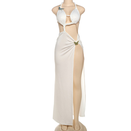 Backless tied long skirt with slit neck hanging dress