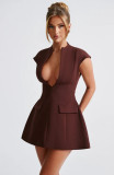 Solid color pocket sleeveless V-neck high waisted short skirt