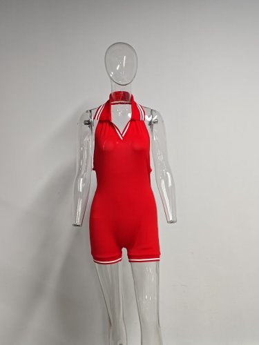 Sleeveless solid color backless hanging neck jumpsuit shorts K25L67