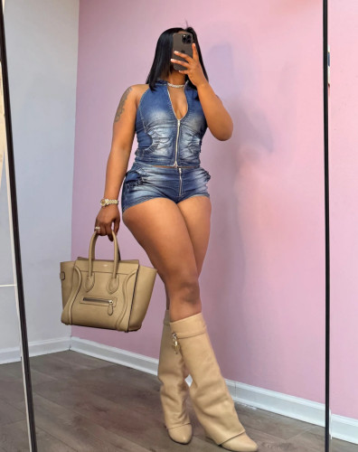 Denim vest elastic shorts set