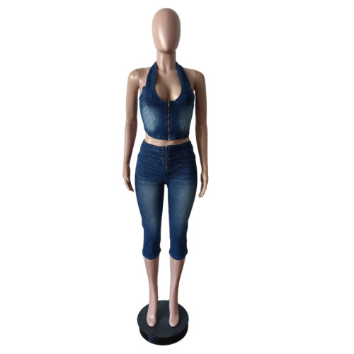 Strapless, neck tied, denim cropped pants set