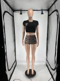 Leopard print round neck pocket mini short set