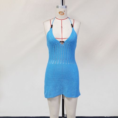 Knitted hollow V-neck hanging neck backless lace up beach skirt