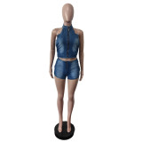 Denim vest elastic shorts set