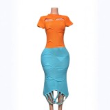 Slant neck tassel hollow out knitted irregular short sleeved dress