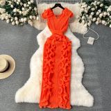 Pleated three-dimensional lotus leaf edge length dress