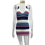 Striped V-neck hanging neck knitted hip hugging dress