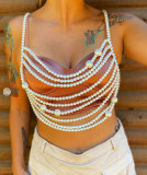Pearl body chain tassel hollow chest chain top vest body chain