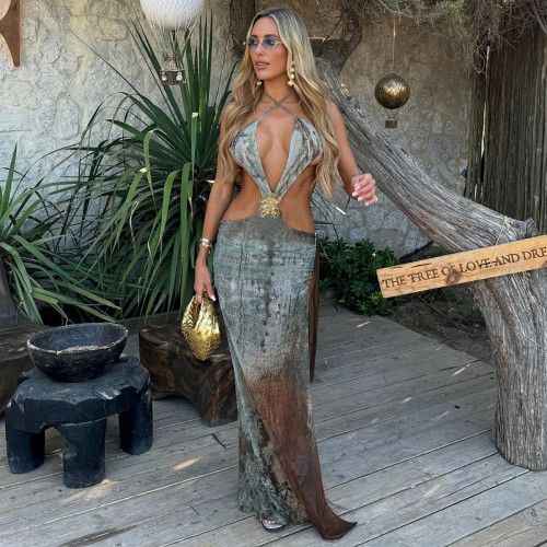 Hollow printed slit dress
