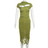 Slant neck tassel hollow out knitted irregular short sleeved dress