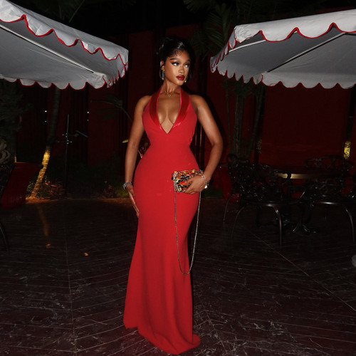 Sleeveless deep V-neck hanging neck backless high waisted dress