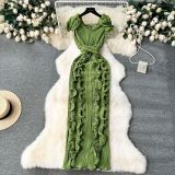 Pleated three-dimensional lotus leaf edge length dress
