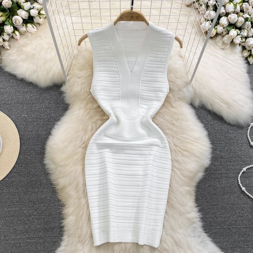 V-neck waist cinched sleeveless knit hip hugging jumpsuit