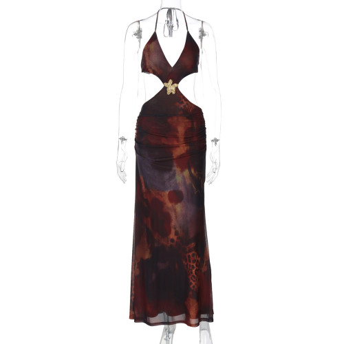 Hollow printed slit dress