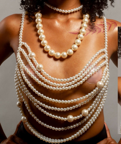 Pearl body chain tassel hollow chest chain top vest body chain