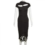 Slant neck tassel hollow out knitted irregular short sleeved dress