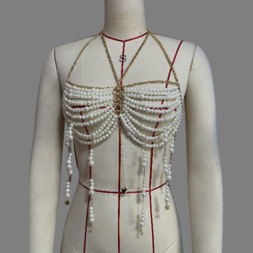 Pearl bead chest chain tassel hanging neck vest top body chain