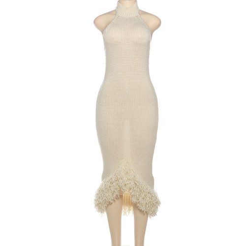 Hanging neck, exposed back, high waist, wrapped buttocks, woolen dress