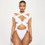 Open navel strap short sleeved cross hollow jumpsuit
