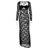 Lace see through long sleeved slim fit dress