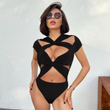 Open navel strap short sleeved cross hollow jumpsuit