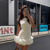 Solid color fungus edge splicing flower bud skirt sleeveless round neck shoulder strap short skirt