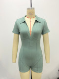 Collar deep V-neck solid color short sleeved jumpsuit
