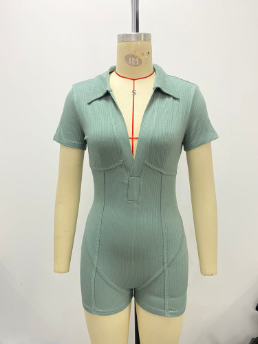Collar deep V-neck solid color short sleeved jumpsuit