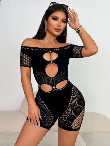 Lace hollowed out see through one shoulder strapless jumpsuit