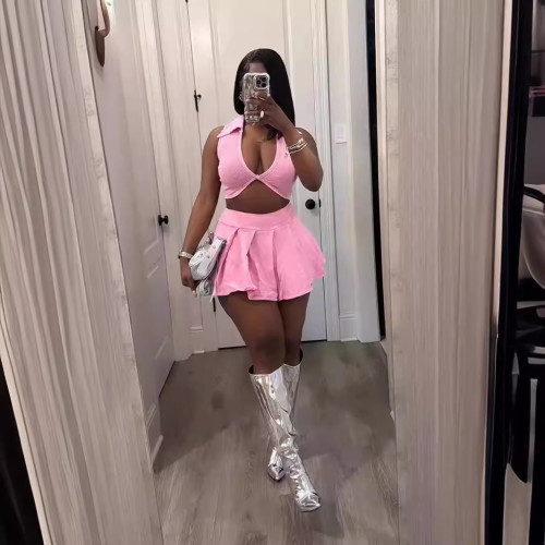 Flip collar V-neck threaded short top and skirt two-piece set