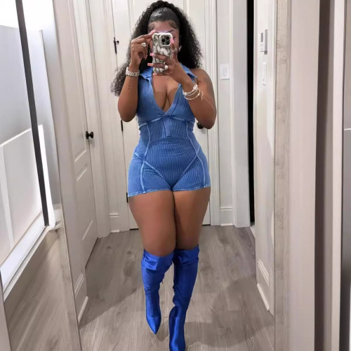 Threaded distressed collar tight jumpsuit