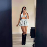 Flip collar V-neck threaded short top and skirt two-piece set