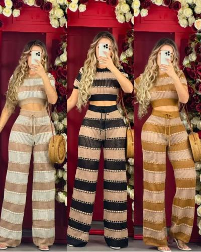 Color blocking striped hollow knitting set