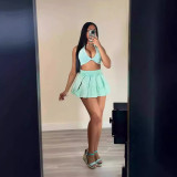 Flip collar V-neck threaded short top and skirt two-piece set
