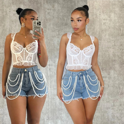 Pearl rhinestone shorts denim shorts