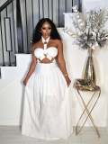 Two piece set of padded strapless top with suspender and neck hanging long skirt