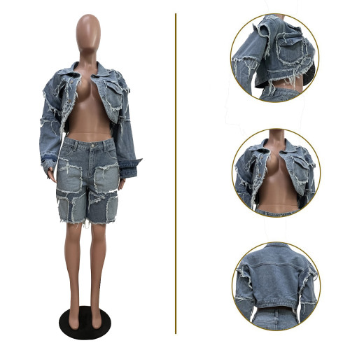 Retro washed distressed patch denim set