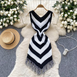 Holiday color blocked diamond patterned irregular fringe dress W899262916096